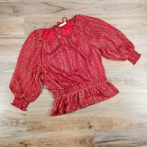 🔹️Lush Red Floral & Metallic Gold Print Blouse Small - Picture 3 of 14